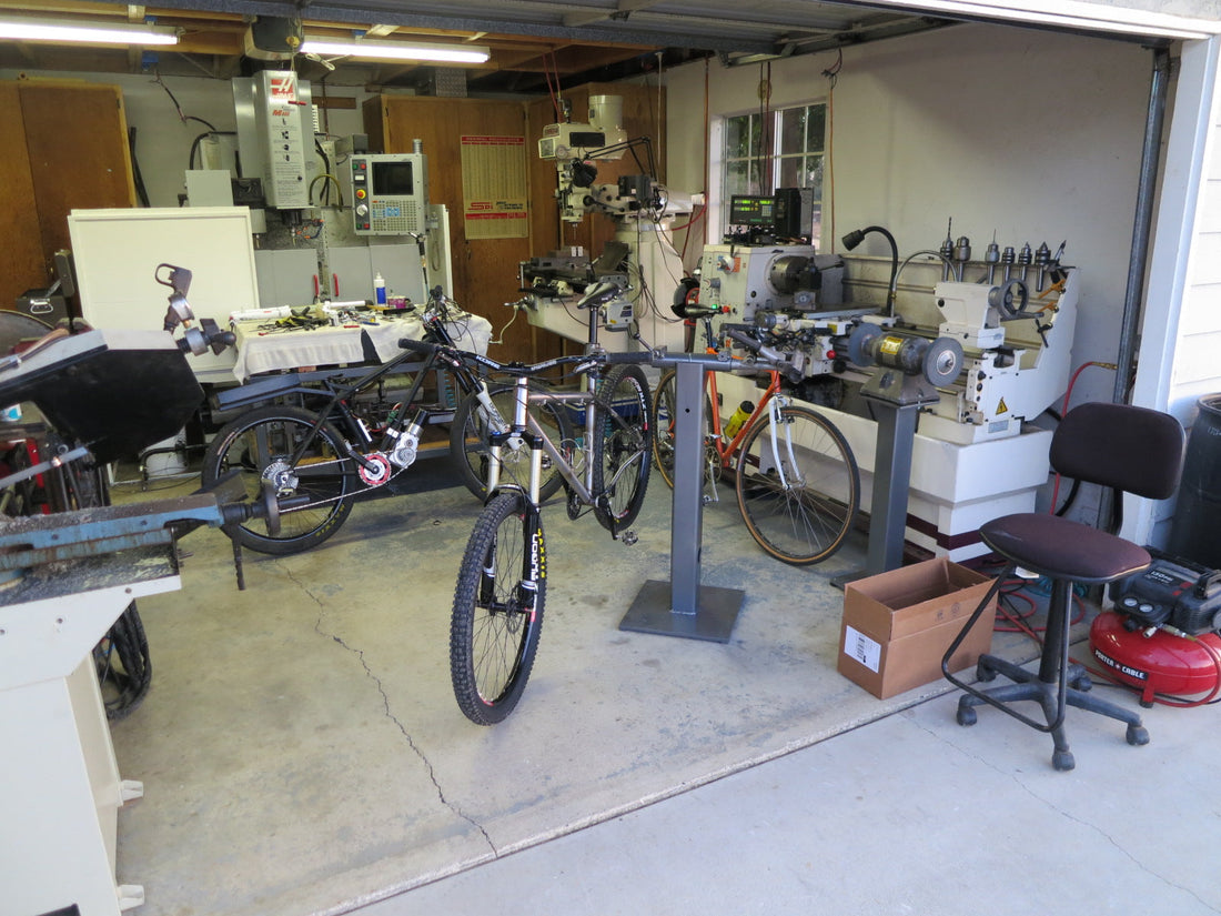Kostrikin Bikes prototype machine fabrication shop for steel hardtail frames, custom built steel frame and TIG welded on a frame jig fixture